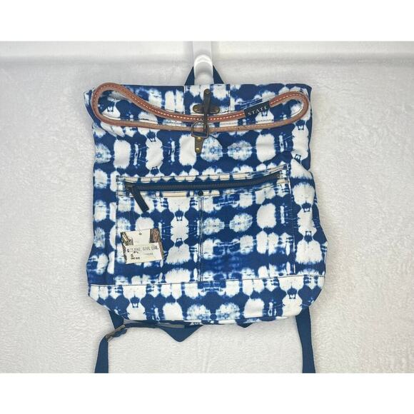 NWT STATE Blue Tie Dye Leather Rolltop Toggle Backpack Anthropologie Boho Hippie - Picture 1 of 8